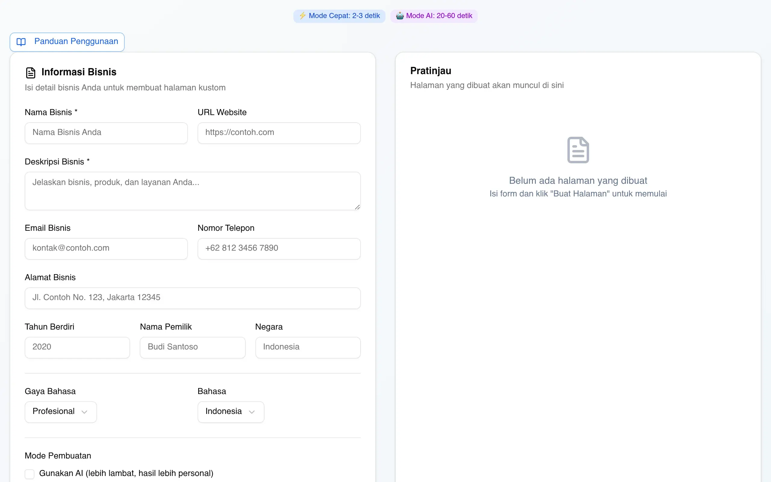 Screenshot tuls-generator-halaman-website